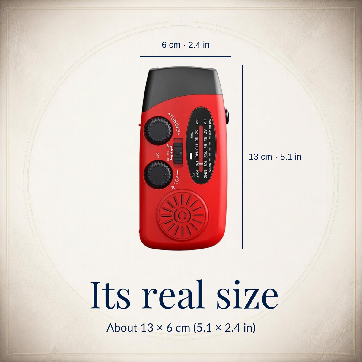 Front view of the radio with its size: about 13 cm tall and 6 cm wide (5.1 x 2.4 in)