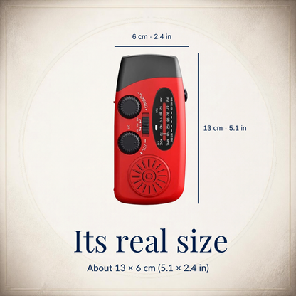 Front view of the radio with its size: about 13 cm tall and 6 cm wide (5.1 x 2.4 in)