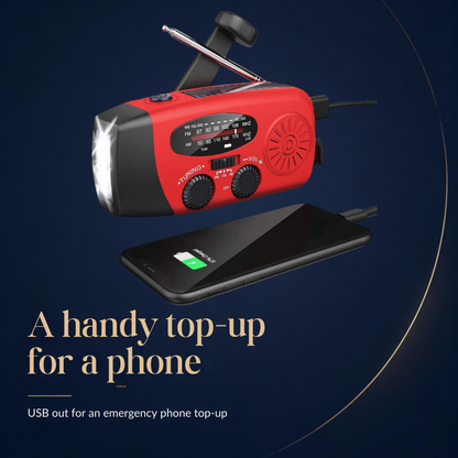 The radio with a phone plugged into its USB port: a handy top-up for a phone