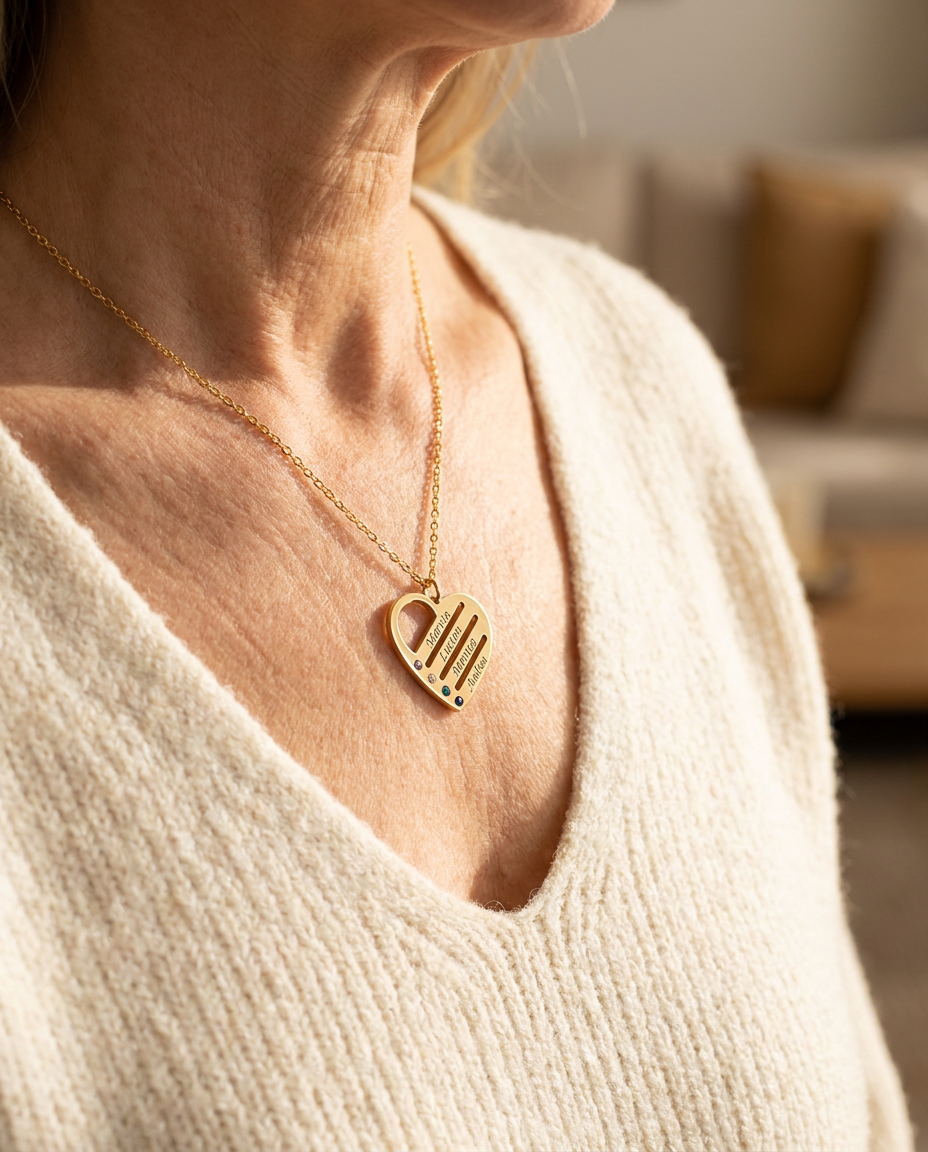 Family heart necklace worn with a cream sweater