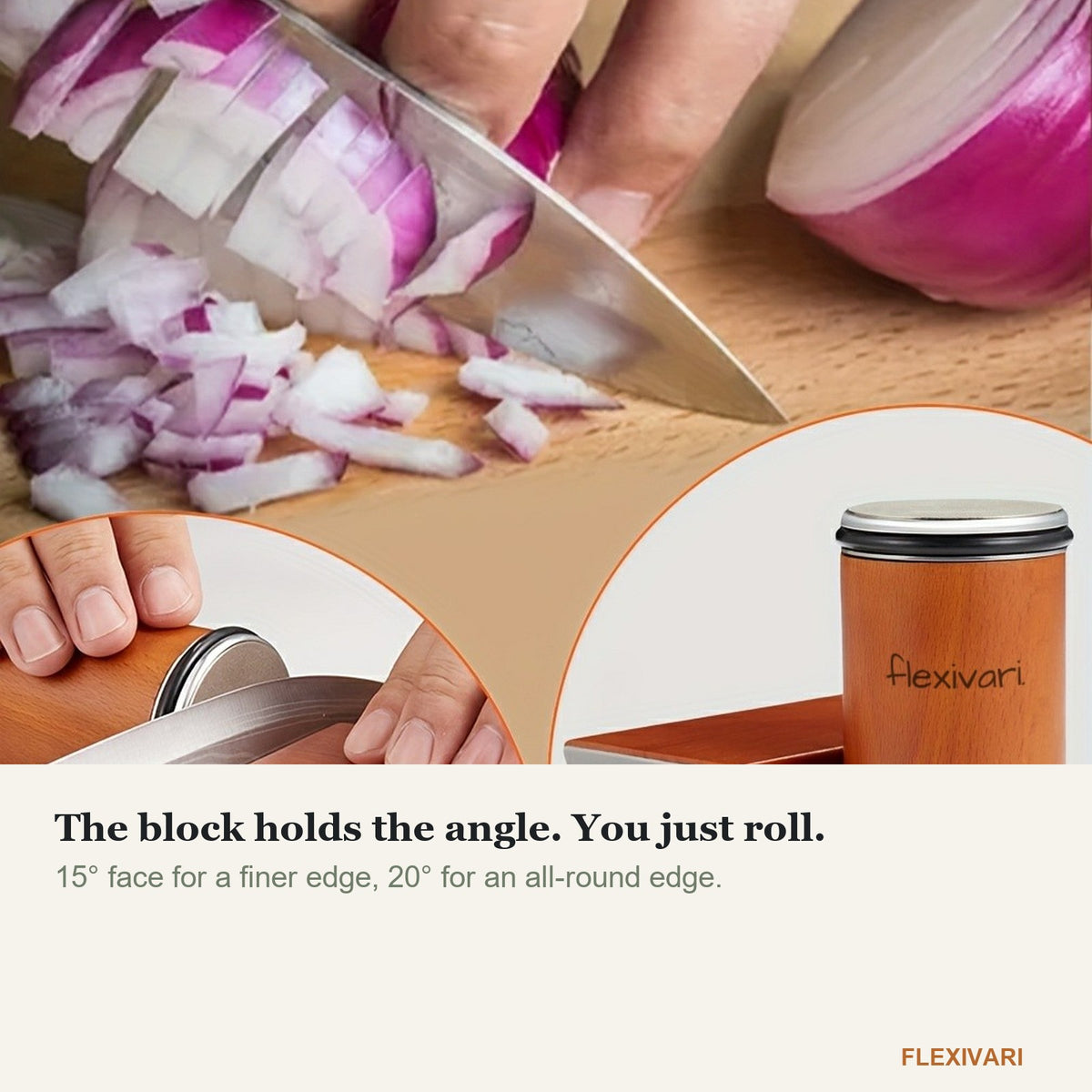 Knife resting on the angle block while the sharpener rolls along the edge