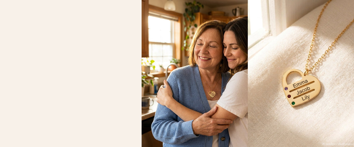 Mother and daughter hugging; family heart necklace close-up (AI-rendered illustration)