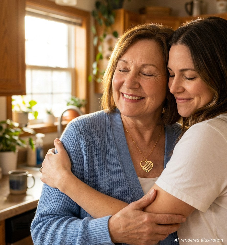 Mother and daughter hugging, mother wears the family heart necklace (AI-rendered illustration)