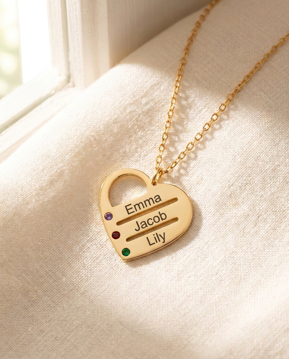 Gold-tone family heart necklace with three names in plain upright letters and small birthstone-colour stones (AI-rendered illustration)