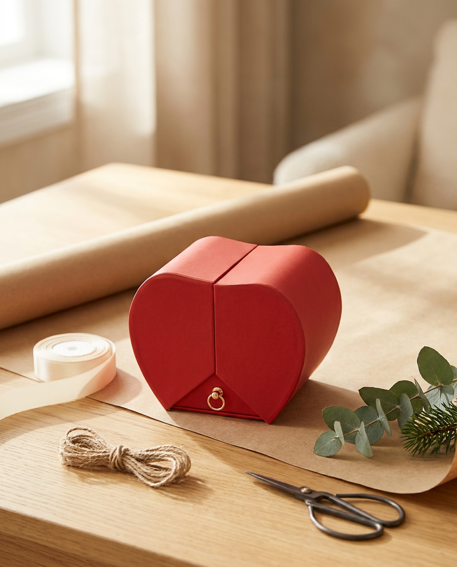Closed red apple-shaped keepsake box on a table beside wrapping paper