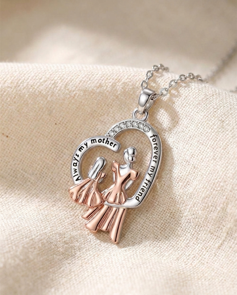 Close-up of the open heart pendant with a mother figure and a daughter figure inside