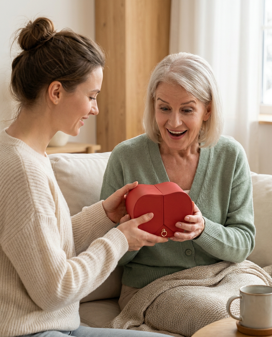 Adult daughter handing her mother the red apple-shaped keepsake box