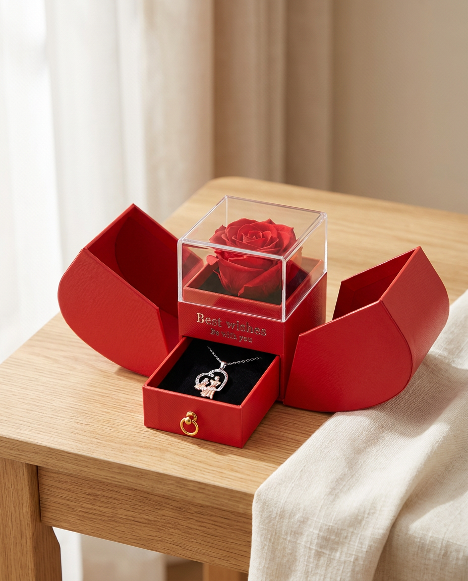 Red apple-shaped keepsake box open around a red rose under a clear cover, its drawer out with the Always my mother heart necklace