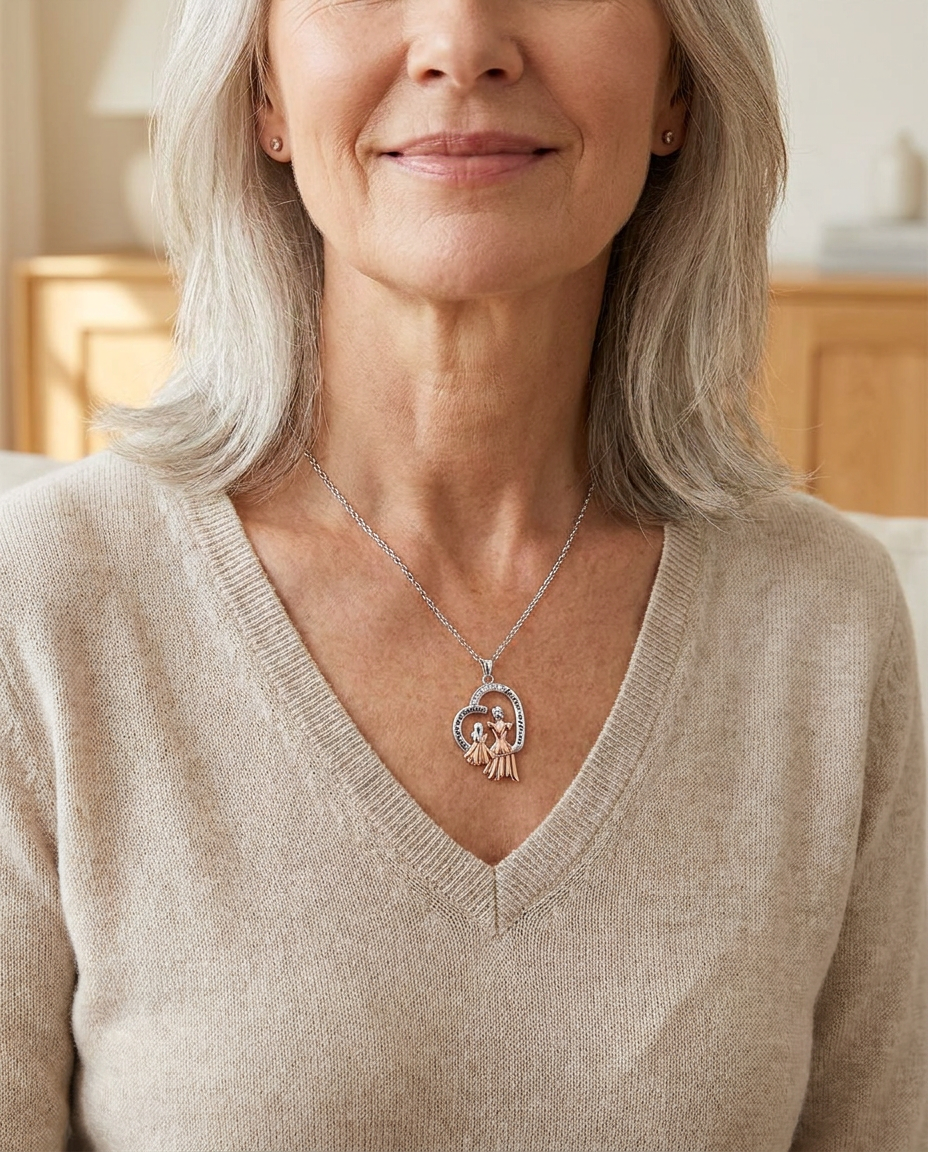 Woman in her sixties wearing the open heart pendant