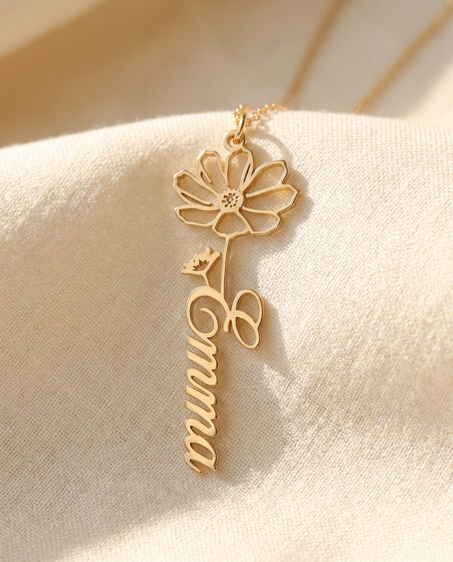 Close-up of the gold-tone pendant: the name Emma in flowing script rises as the stem into an open-outline flower