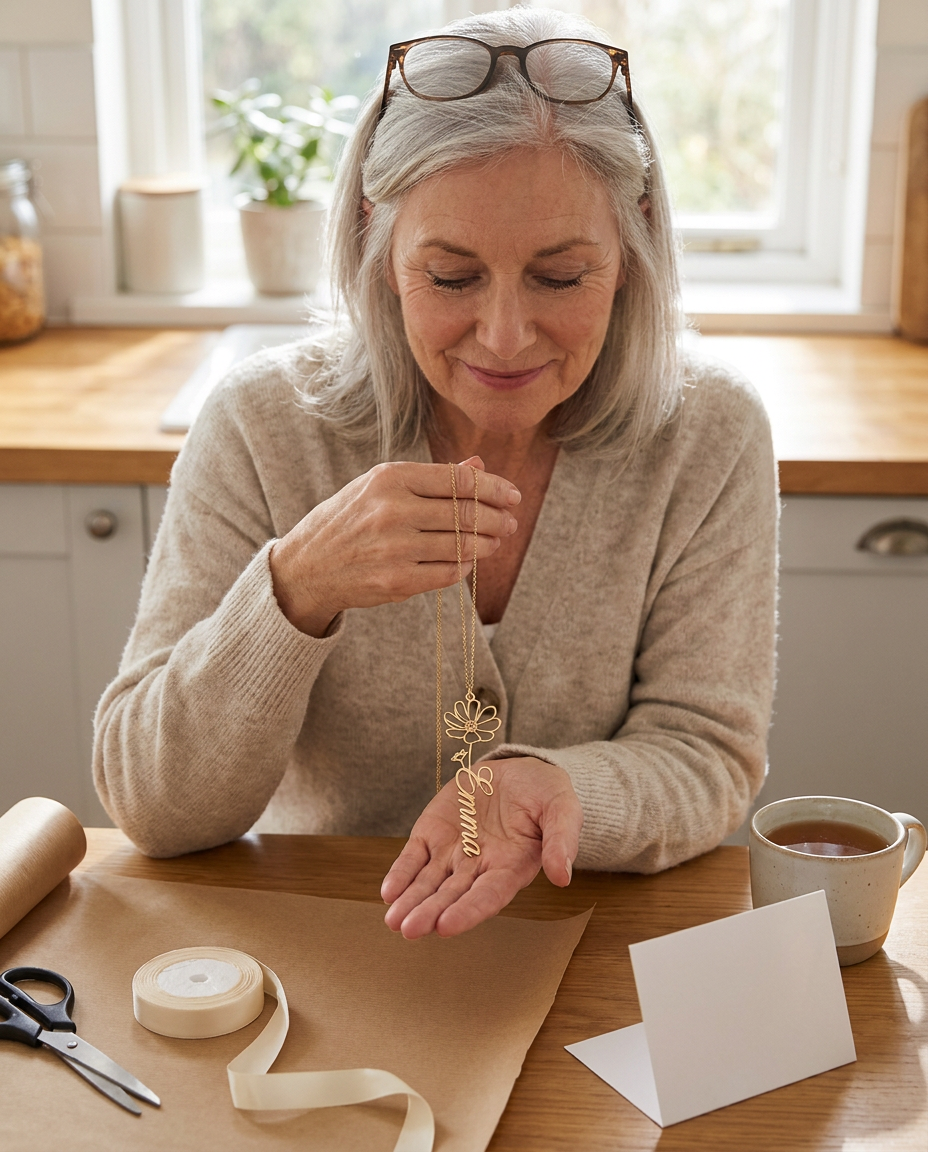 Silver-haired woman at a kitchen table smiling down at the Emma flower pendant in her palm, with kraft paper, ribbon, scissors, tea and a blank card