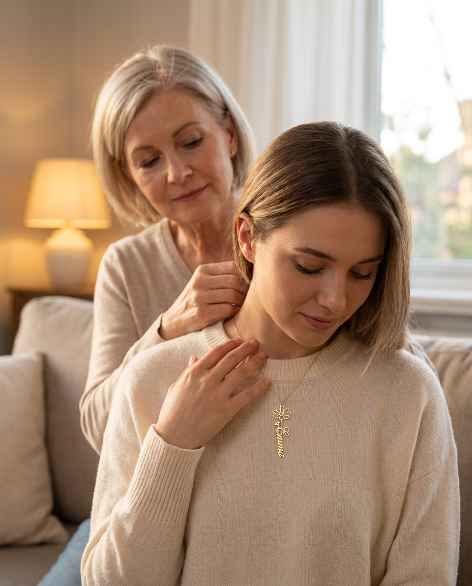 Mother fastening the Emma flower necklace on her adult daughter in a warm living room