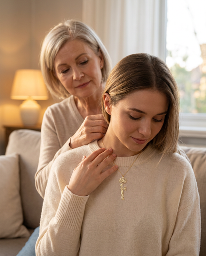 Mother fastening the Emma flower necklace on her adult daughter in a warm living room