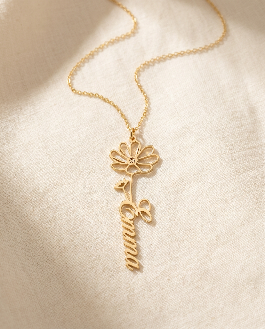Gold-tone cut-out pendant shaped as an open-outline flower whose stem is the name Emma in flowing script, on a fine chain resting on cream linen
