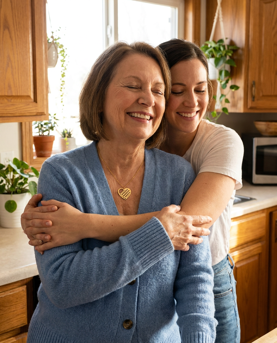 Mother and daughter hugging in the kitchen, mother wears the family heart necklace (AI-rendered illustration)