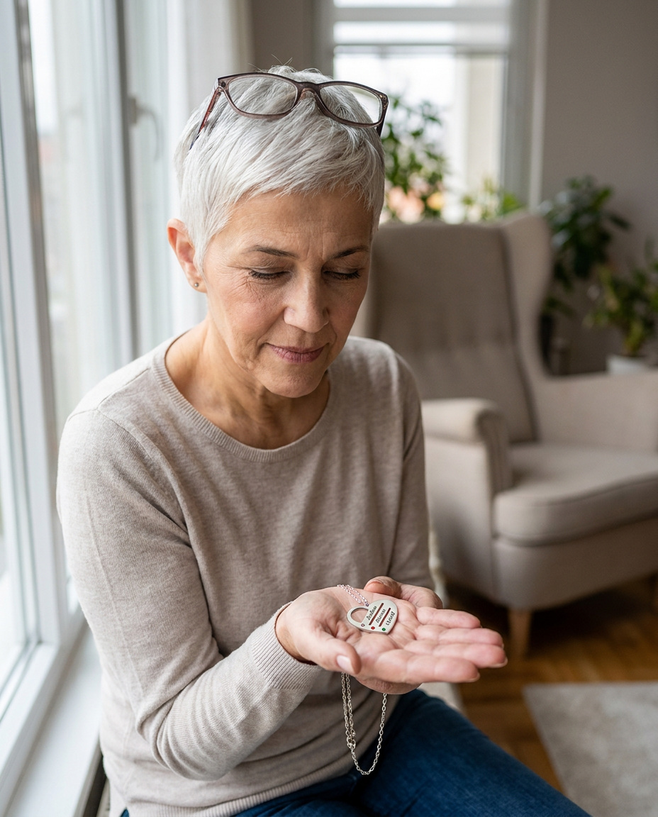 A grandmother reading the names on her family heart necklace (AI-rendered illustration)