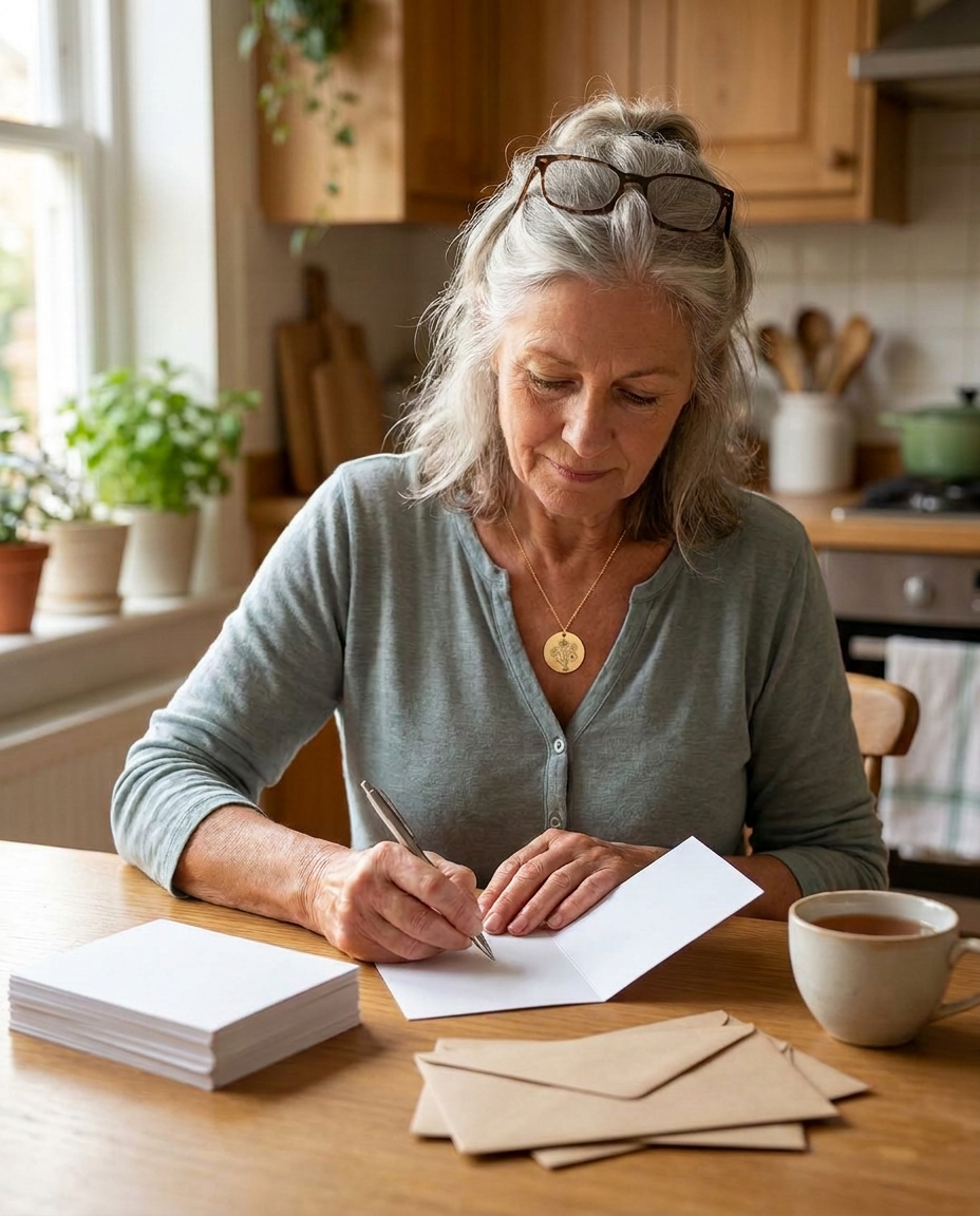 Grey-haired woman in her sixties at a kitchen table about to write in a blank birthday card, a stack of cards, envelopes and tea beside her, a small disc pendant at her neckline
