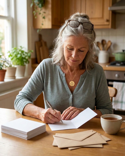 Grey-haired woman in her sixties at a kitchen table about to write in a blank birthday card, a stack of cards, envelopes and tea beside her, a small disc pendant at her neckline