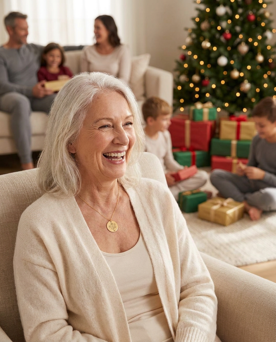 White-haired grandmother laughing in an armchair on Christmas morning wearing an engraved disc pendant, family, presents and a lit tree behind her
