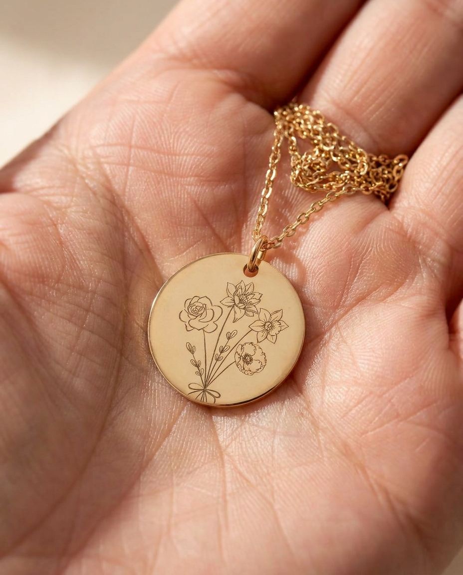 Close-up of a gold-tone engraved disc pendant lying in an open palm, its four engraved flowers on slender stems clearly visible, chain coiled beside it
