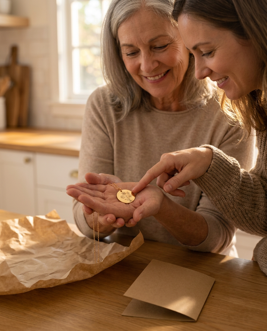 Adult daughter pointing at one engraved flower on a gold-tone disc pendant held in her smiling grey-haired mother's open palm at a kitchen table