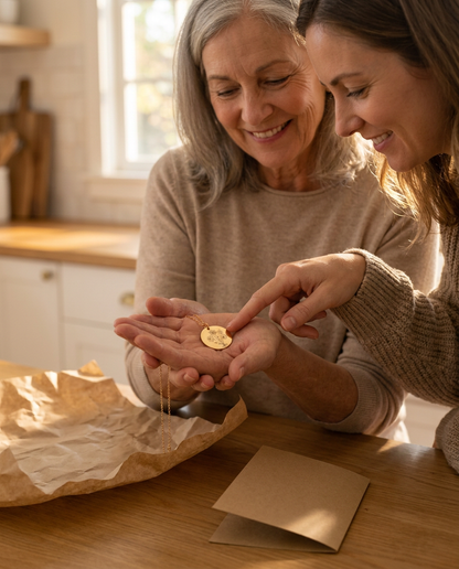 Adult daughter pointing at one engraved flower on a gold-tone disc pendant held in her smiling grey-haired mother's open palm at a kitchen table