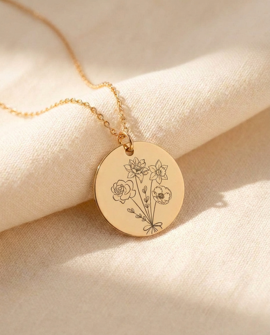Gold-tone round disc pendant on a fine chain resting on cream linen, engraved with a small bouquet of a rose, a poppy, a lily and a daffodil tied with a bow