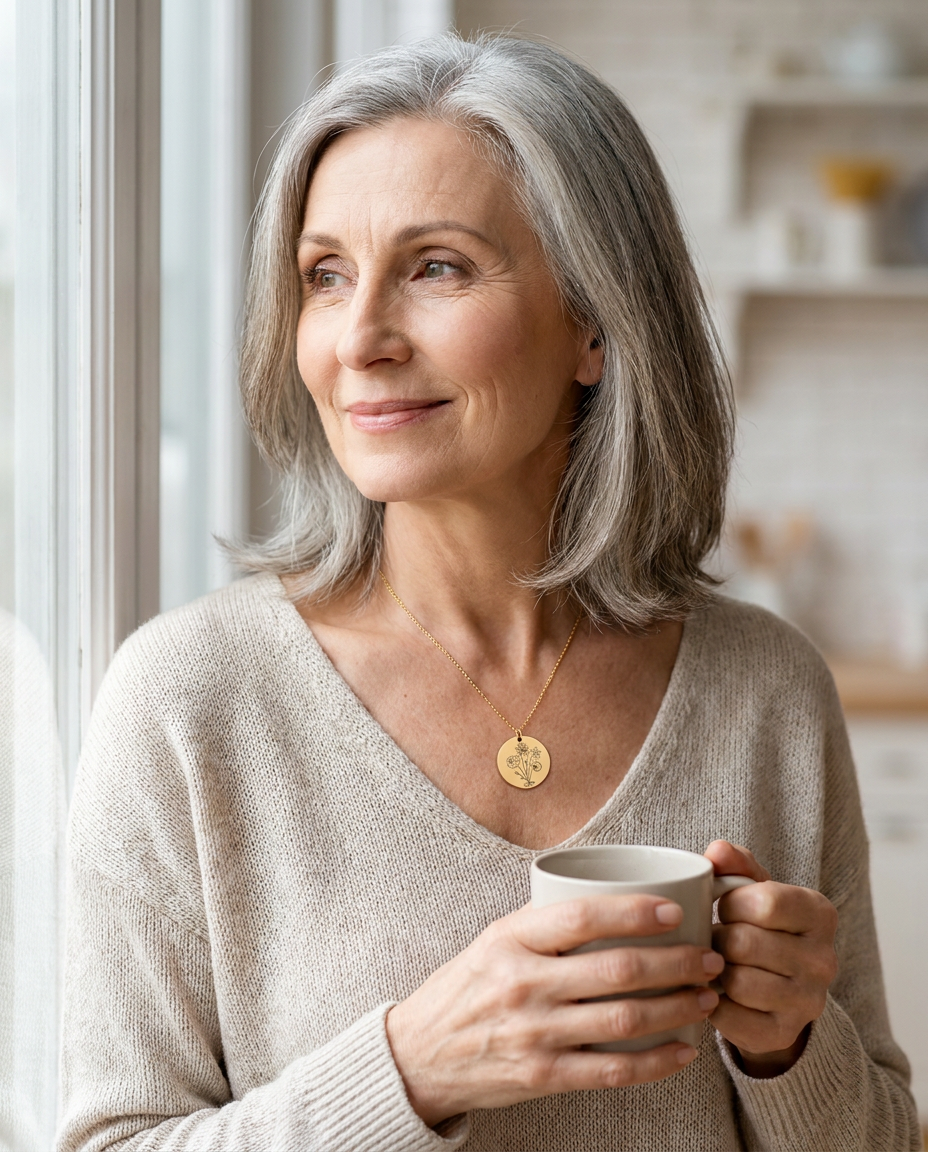 Silver-haired woman in an oatmeal sweater holding a mug by a kitchen window, an engraved flower-bouquet disc pendant just below her collarbone