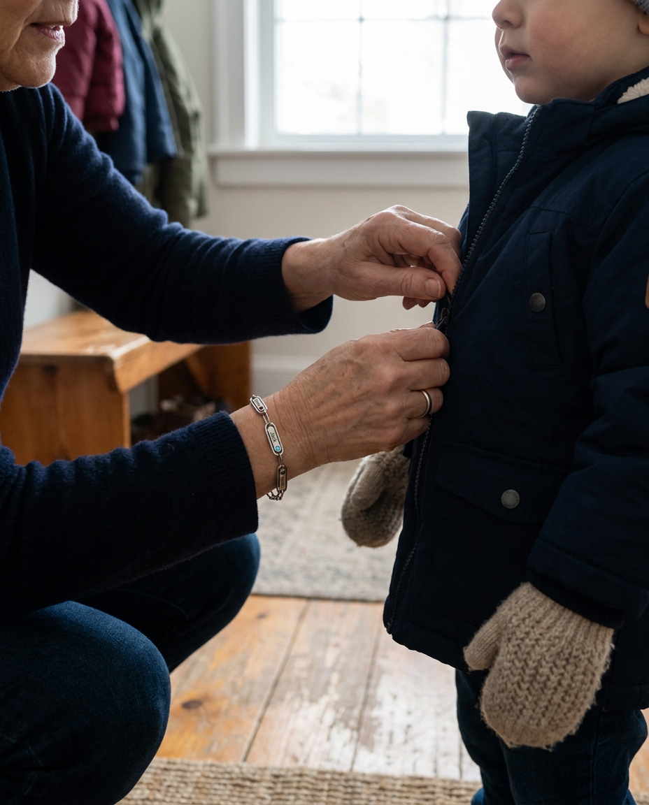A grandmother zipping up a small child's winter coat in a hallway, wearing a silver-tone bracelet with name bars engraved Emma, Jack and Noah