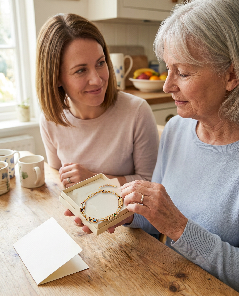 A daughter watches her mother hold a cream gift box containing a gold-tone bracelet with name bars engraved Emma, Jack, Grace and Noah