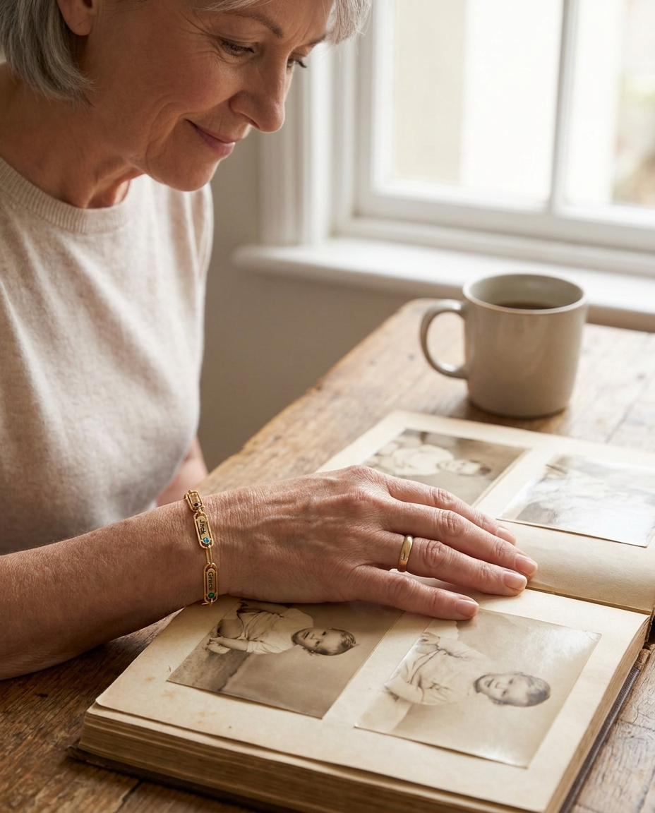 A grey-haired woman smiling over an old family photo album at a kitchen table, wearing a gold-tone bracelet with name bars engraved Jack and Grace