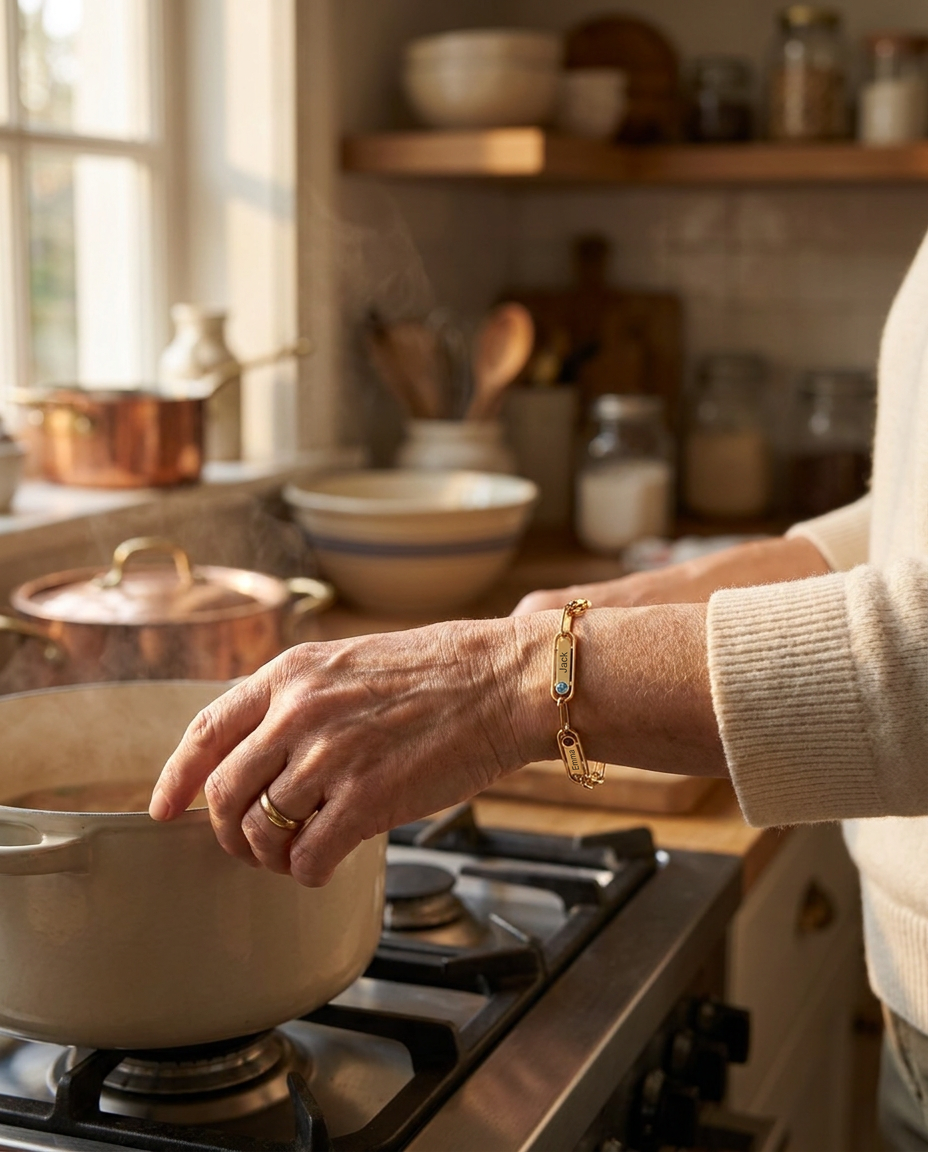 A woman's hand resting on a cooking pot at the stove, a gold-tone name bar bracelet on her wrist engraved Jack and Emma