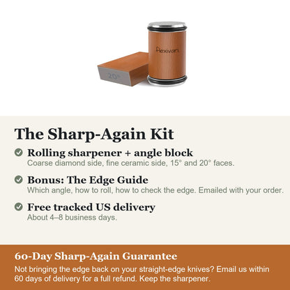 The Sharp-Again Kit: sharpener, angle block, Edge Guide bonus and 60-Day Sharp-Again Guarantee