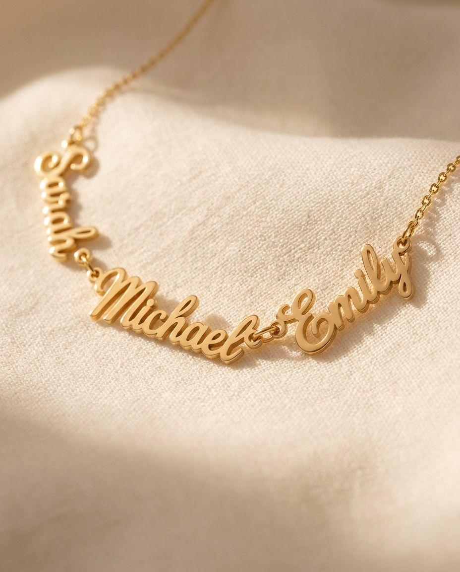 Close-up of the gold-tone script names Sarah, Michael and Emily linked on a fine chain, resting on cream linen