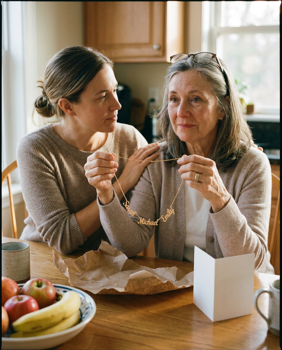 Mother at a kitchen table holding up a gold-tone necklace with the names Sarah, Michael and Emily, her adult daughter beside her with a hand on her shoulder, torn kraft paper and a blank card on the table