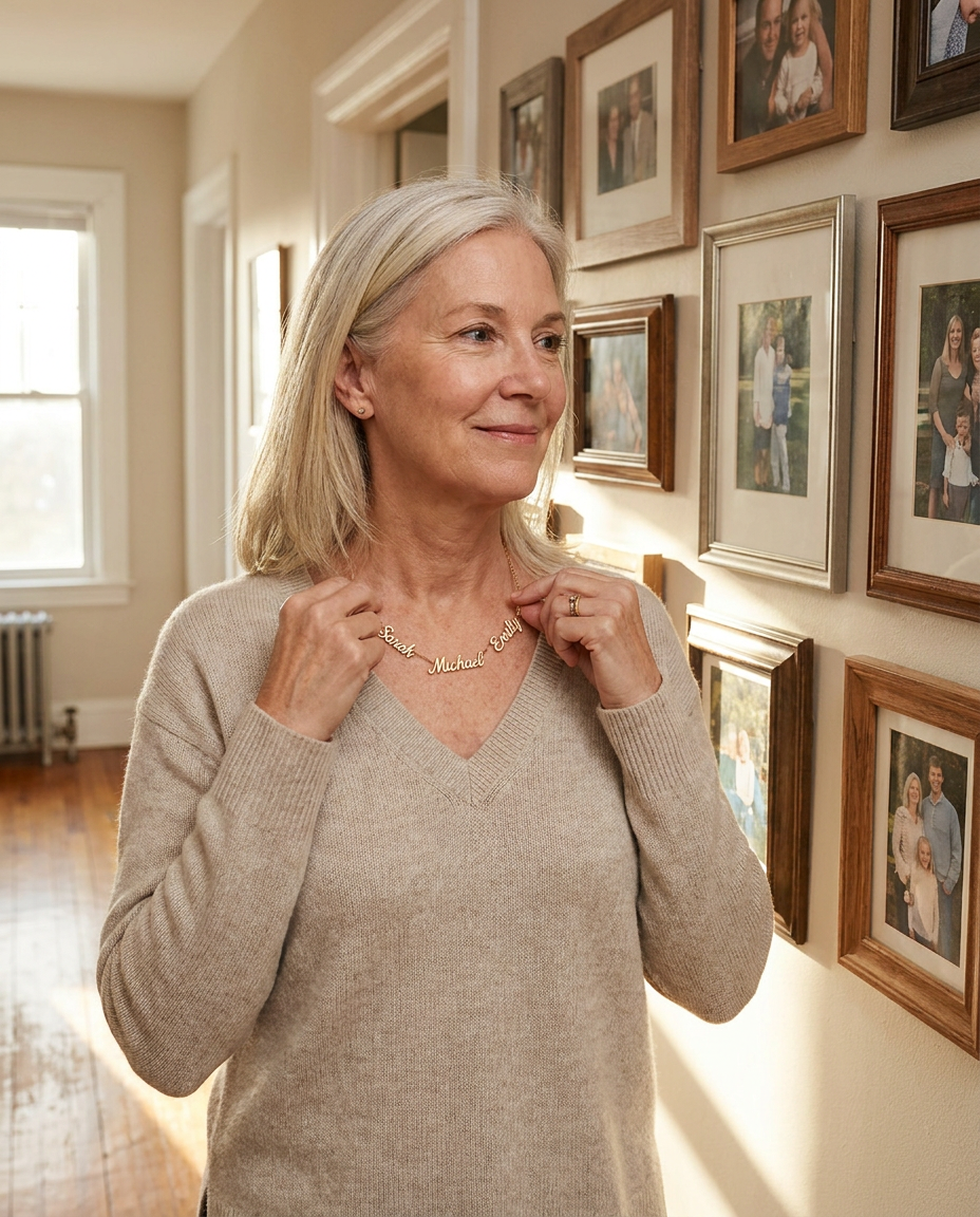 Woman about 60 in an oatmeal V-neck sweater smiling at a hallway wall of framed family photos, wearing a gold-tone necklace with the names Sarah, Michael and Emily