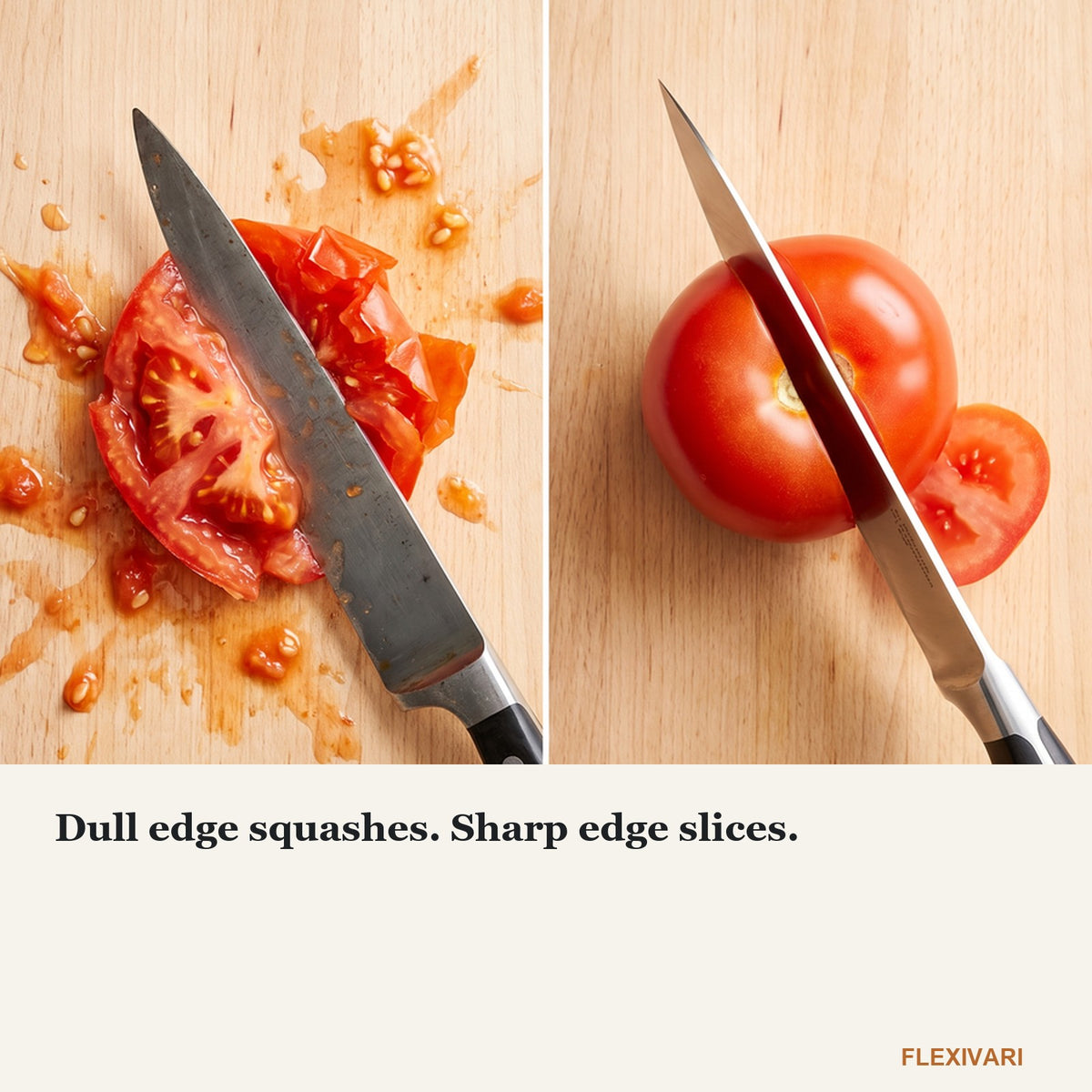 A dull edge squashes a tomato; a sharp edge slices it