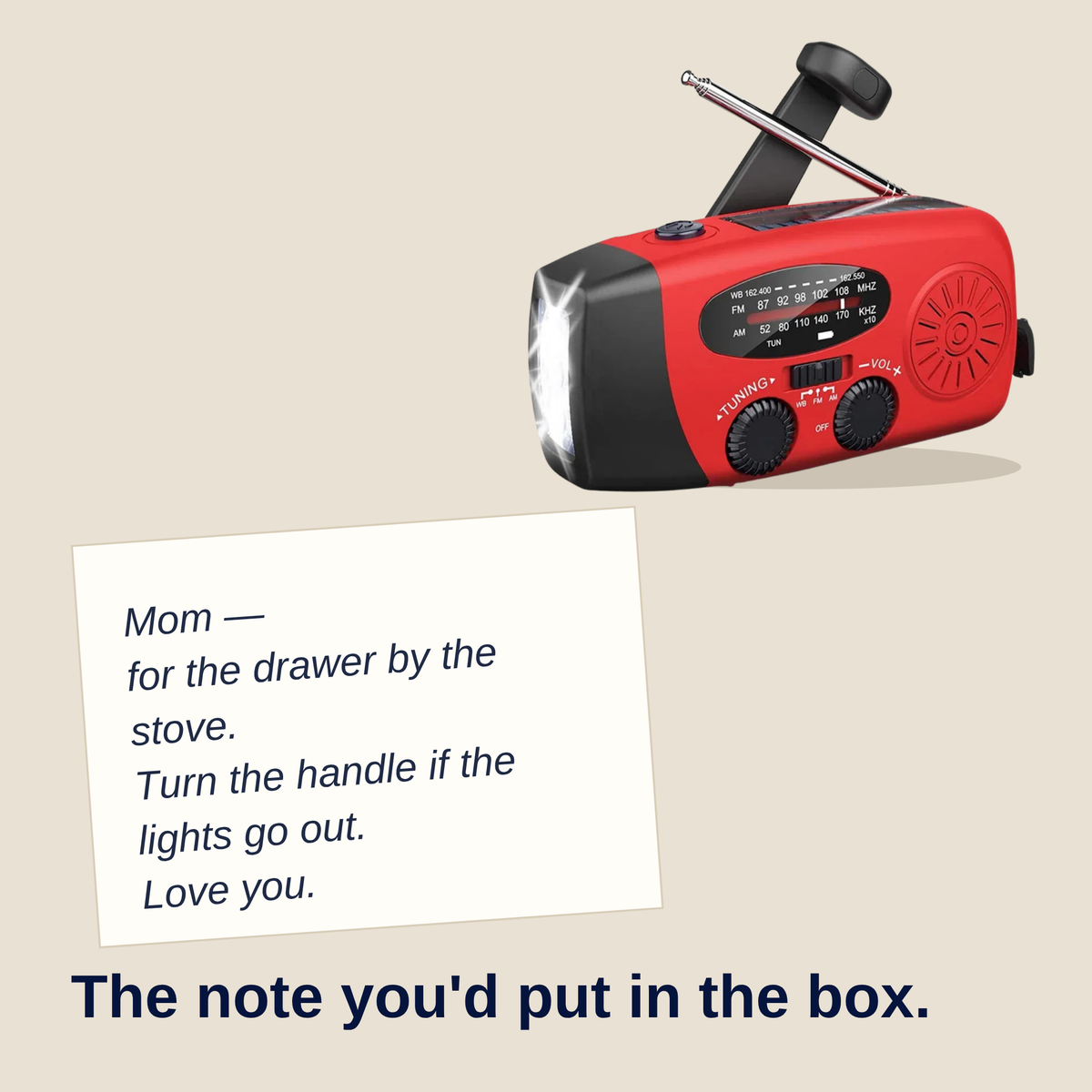 A note card to Mom next to the red radio: turn the handle if the lights go out.