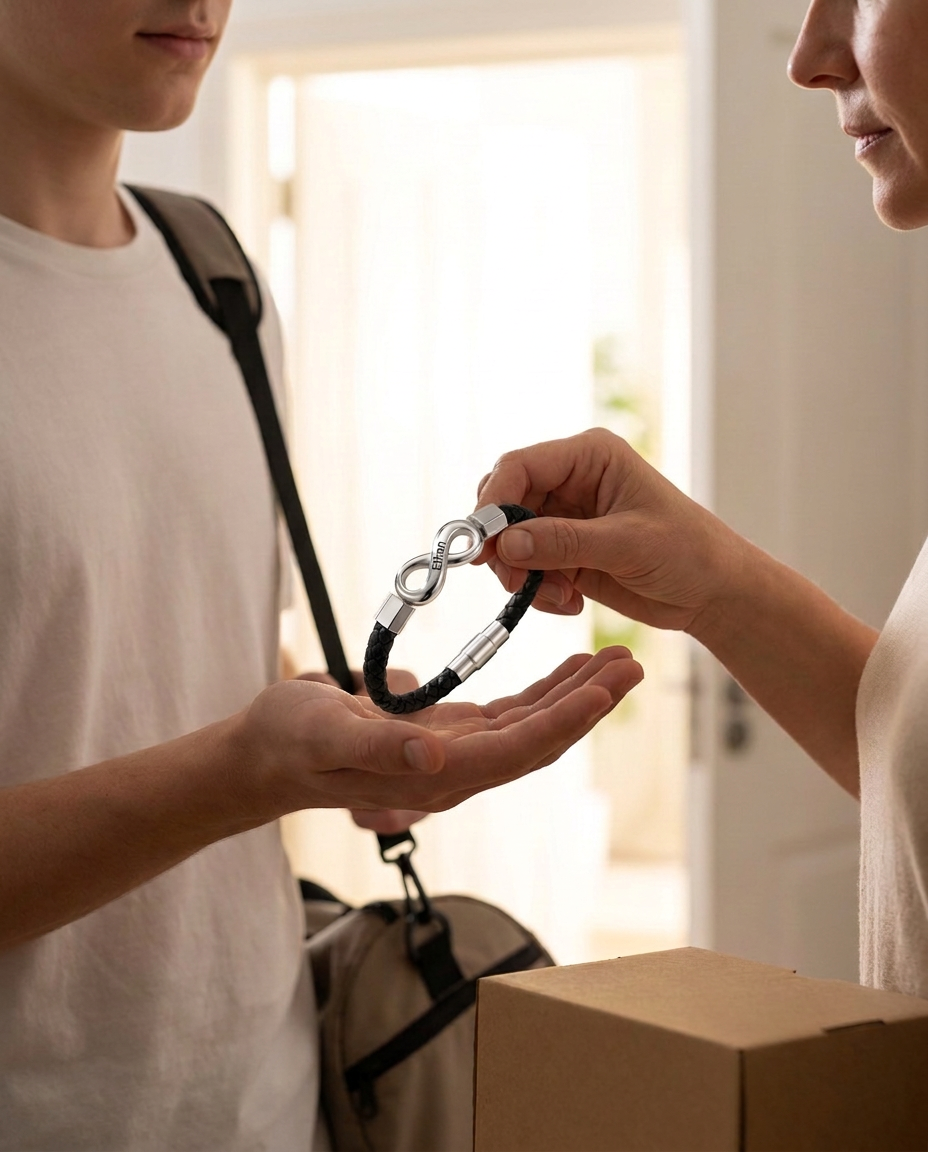 A mother placing the infinity-link bracelet into her son's open hand at the front door as he leaves with his bag and a moving box