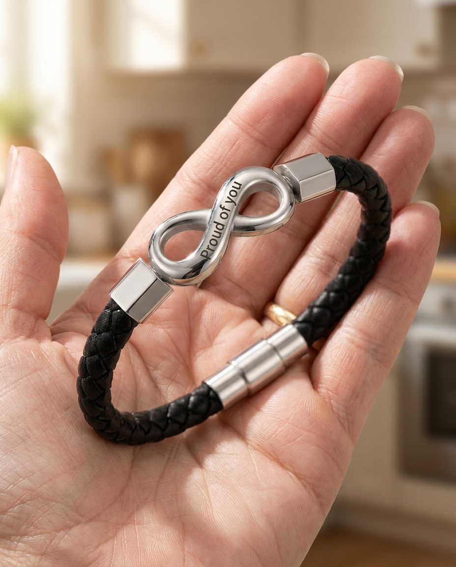 A mother's open palm holding the braided cord bracelet, its steel-tone infinity link engraved Proud of you