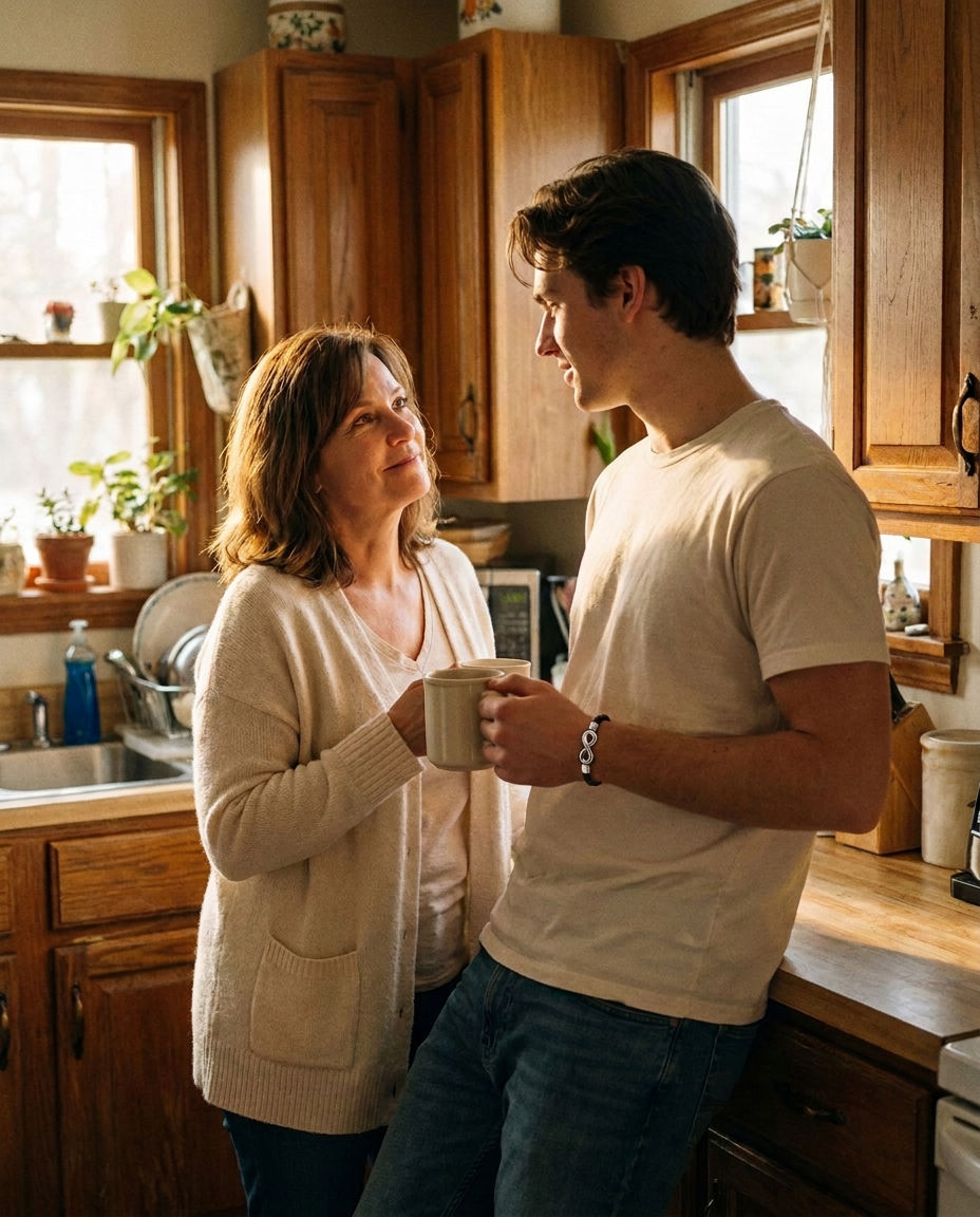 A mother talking with her grown son over coffee in a sunlit family kitchen, the infinity-link bracelet on his wrist