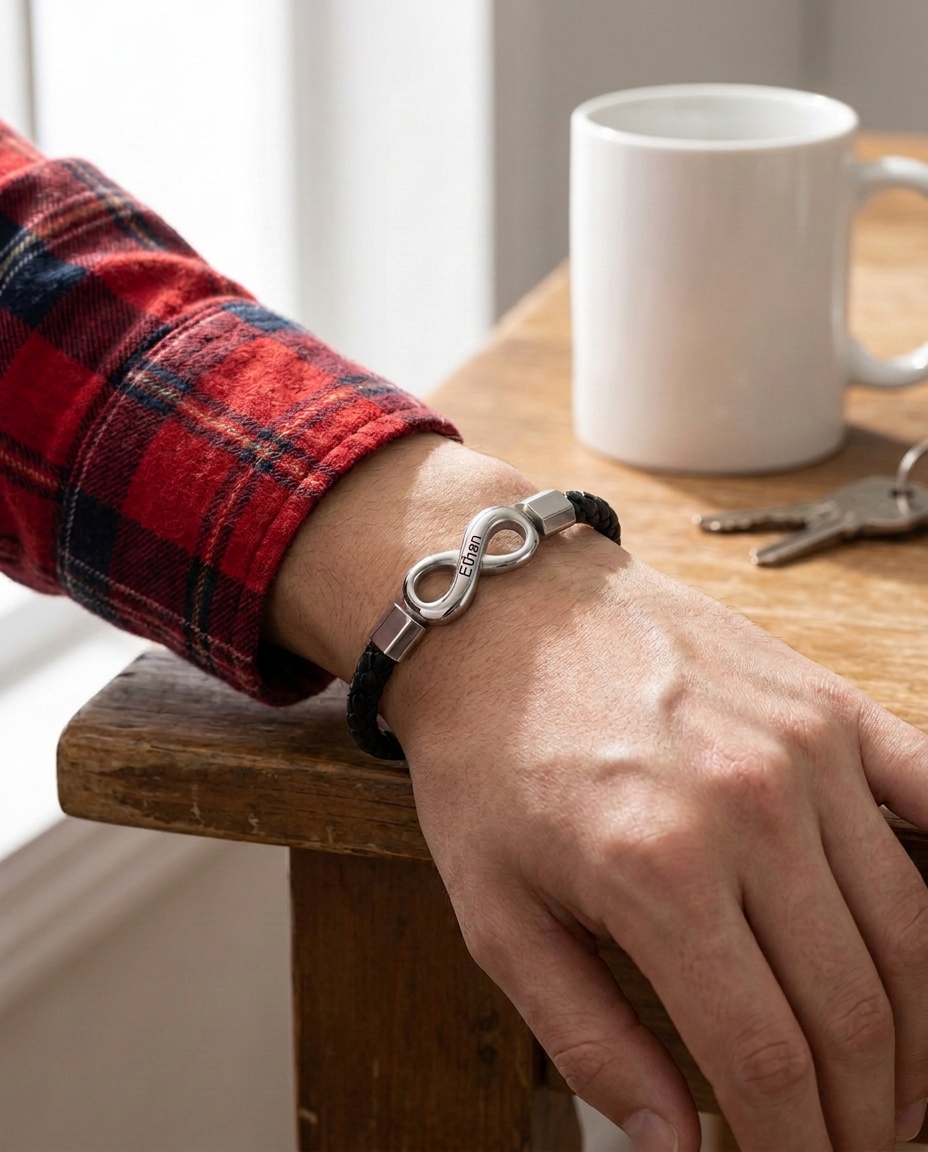 A young man's wrist resting on a wooden kitchen table beside a coffee mug and keys, wearing the braided cord bracelet with a steel-tone infinity link engraved Ethan