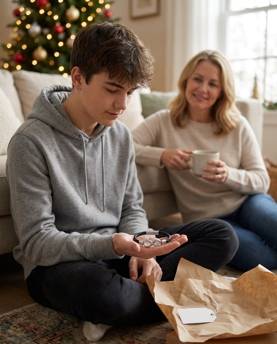 A teenage son on Christmas morning looking at the infinity-link bracelet in his palm beside torn kraft paper, his mother smiling on the couch behind him