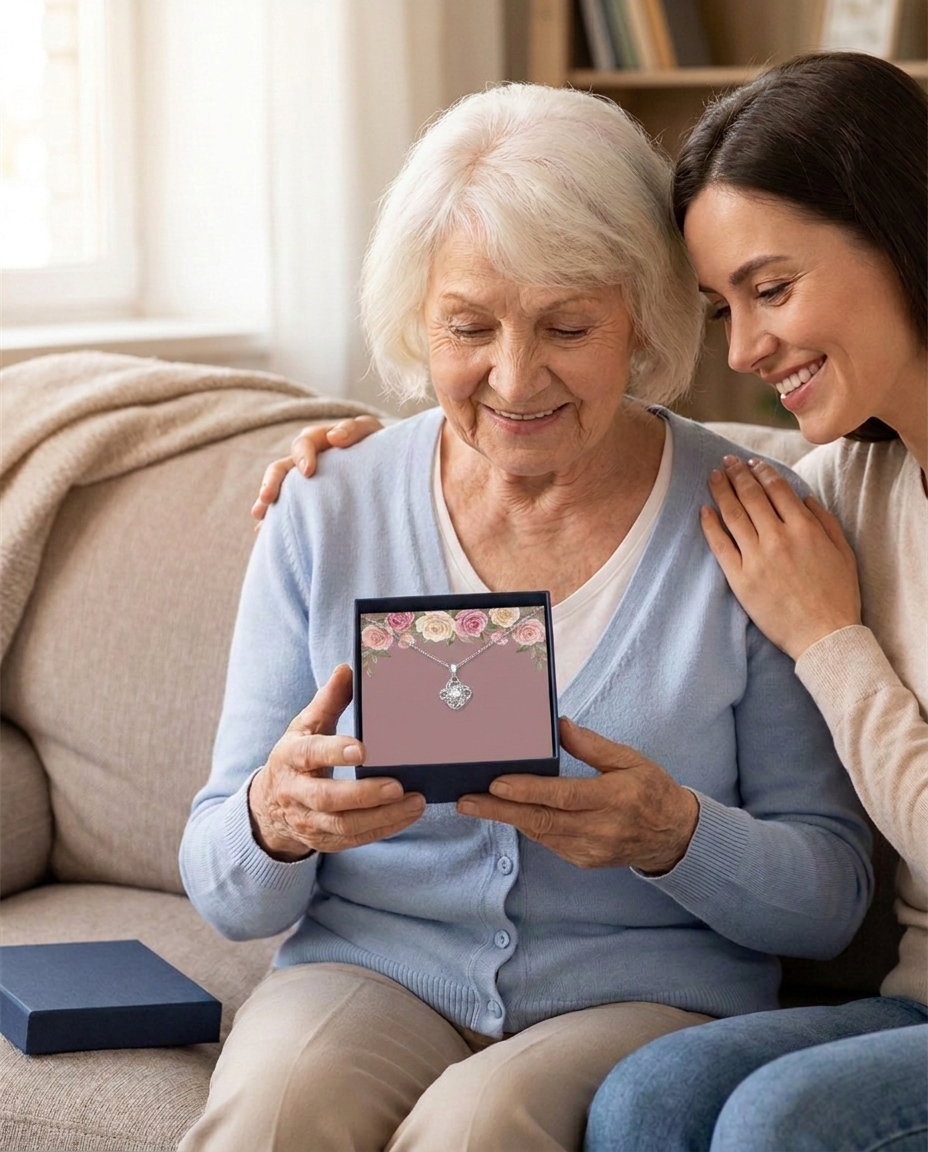Grandmother opening the navy gift box with her adult granddaughter