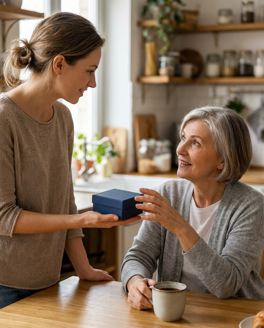 Adult daughter handing her mother a closed navy gift box in a warm kitchen