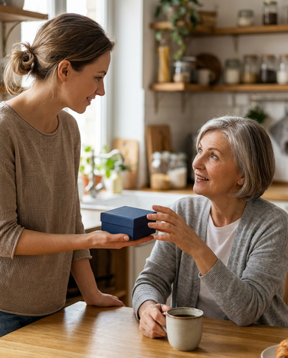 Adult daughter handing her mother a closed navy gift box in a warm kitchen