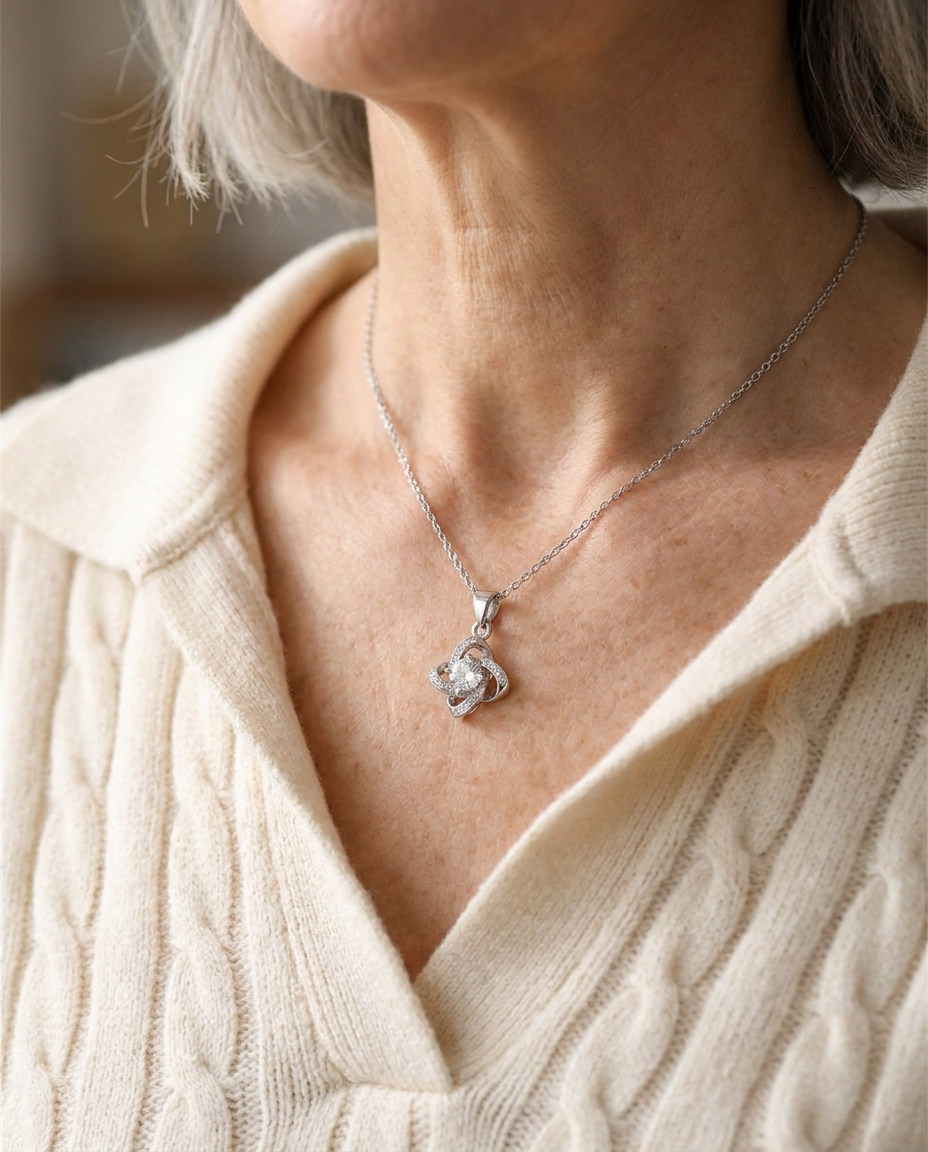 Woman in her sixties wearing the silver-tone knot pendant necklace